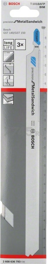 Пилка для электролобзика BOSCH Precision for Metal Sandwich T1018AFP 3 штуки (2608636793) - Фото 2